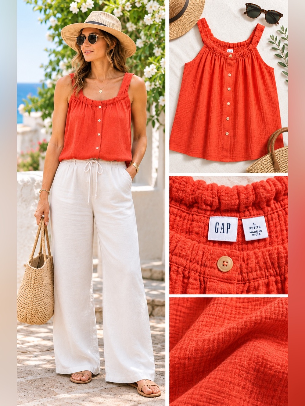 Gap Double Gauze Tank Top L Petite Orange Button Front Cotton Summer